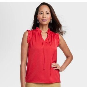 Women’s Red Satin Sleeveless Blouse Tie Neck Top Business Casual Size Medium